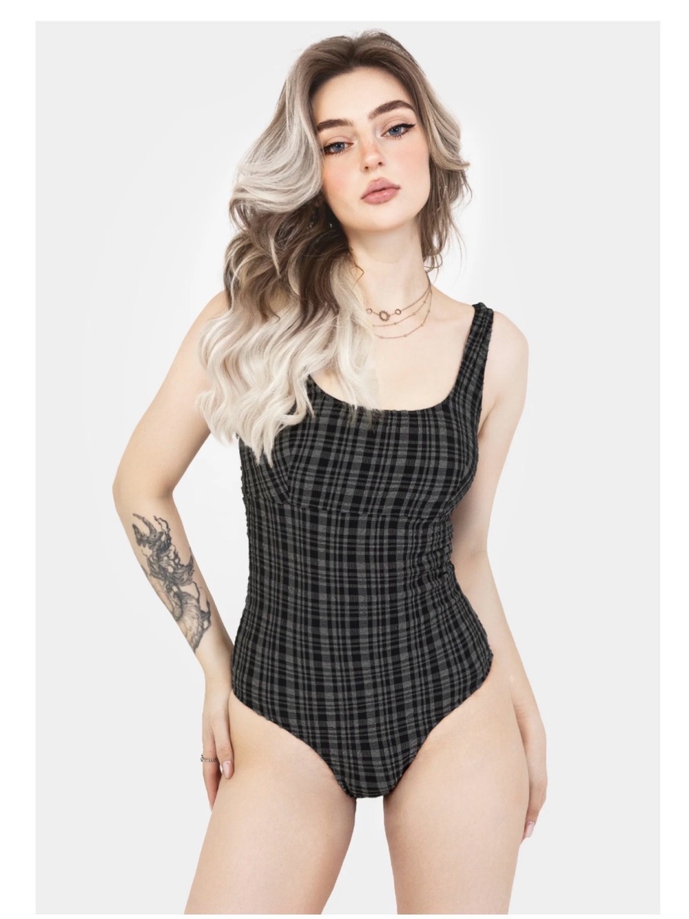 Disturbia Textured Black & Gray Plaid One-Piece Swimsuit